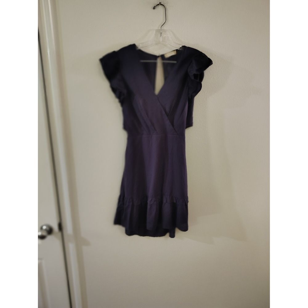Altar'd State Navy Purple Ruffle Flutter Sleeve Tie Back Cutout Mini Dress